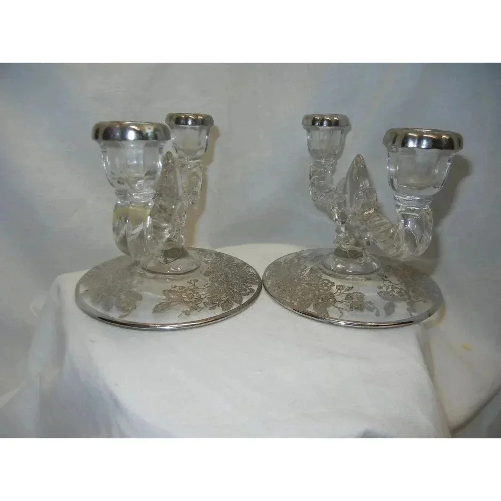 Crystal Candlestick Holder silver City Mid Century, Sterling Silver overlay
